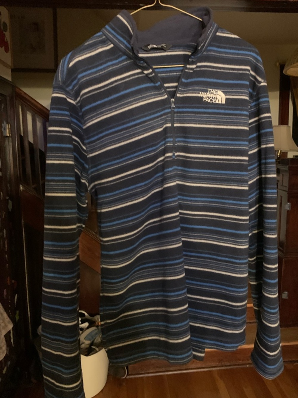 The North Face Men's Navy and Light Blue Striped Quarter-Zip Fleece